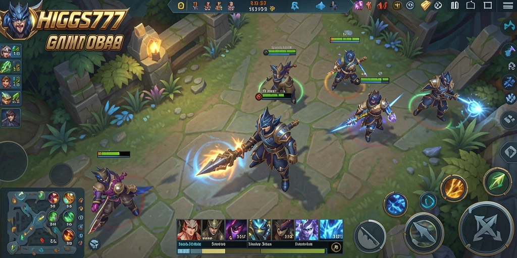 Tangkapan layar HIGGS777 menampilkan aksi gameplay MOBA yang mendebarkan.