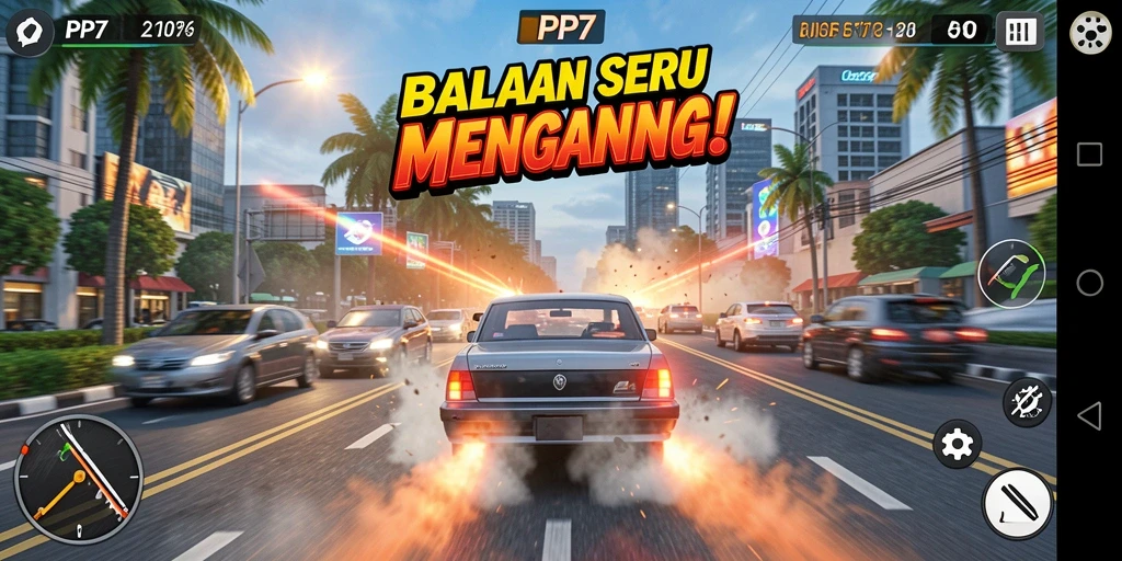 Screenshot gameplay PP7 menampilkan balapan yang intens dan mendebarkan.