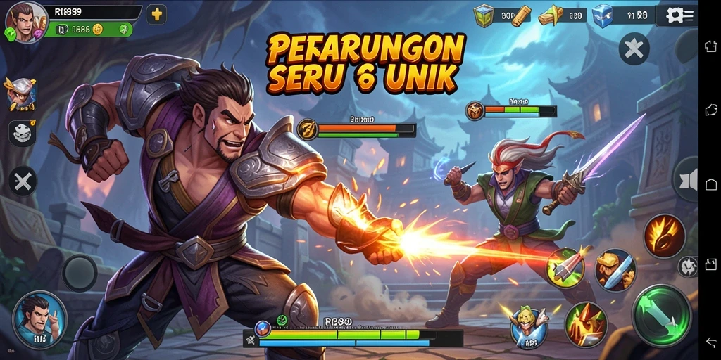 Tampilan gameplay RI889 dengan karakter bertarung di arena penuh warna.